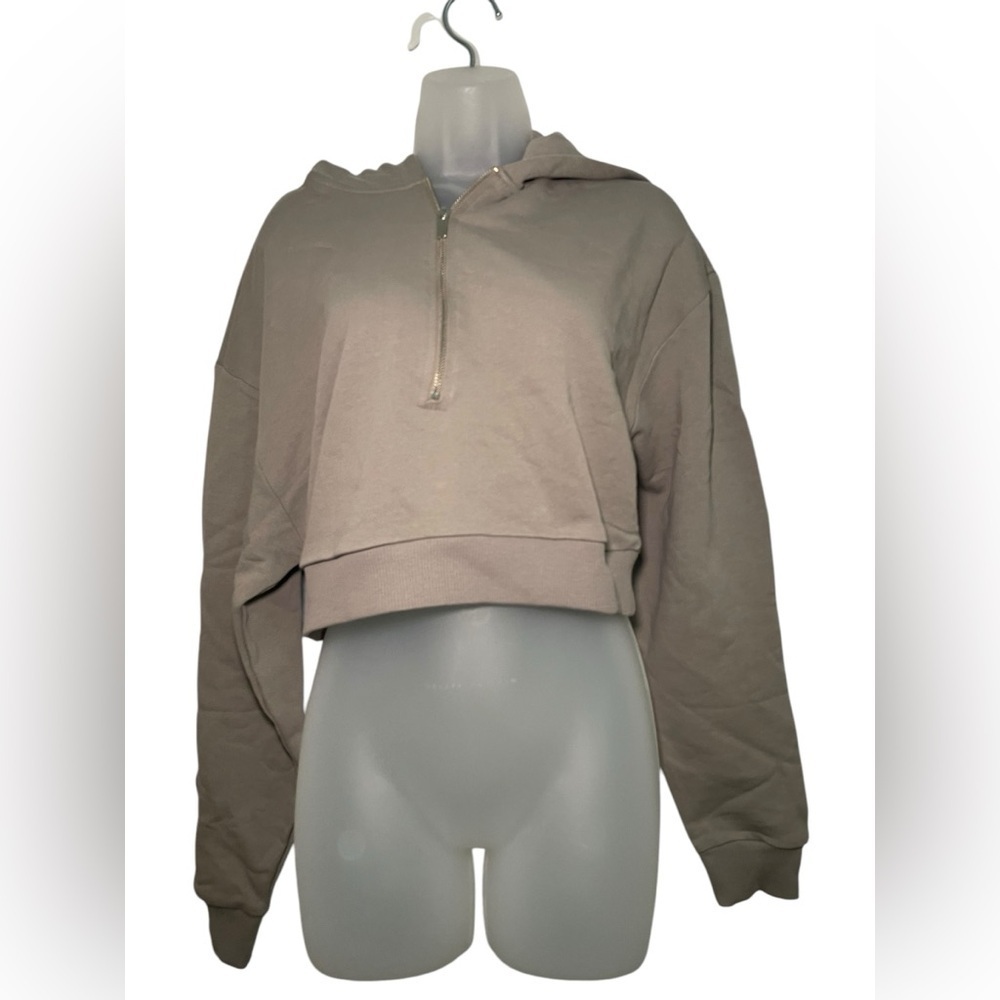 Weworewhat NWT Tan Cropped Half Zip Hoodie 100% Cotton Size Large - Picture 2 of 6